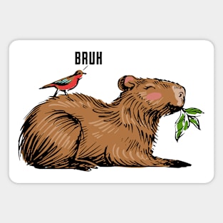 Capybara with Little Bird Friend saying Bruh trendy meme Magnet